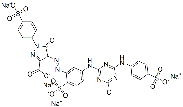 4-[[5-[[4-クロロ-6-[(4-スルホフェニル)アミノ]-1,3,5-トリアジン-2-イル]アミノ]-2-スルホフェニル]アゾ]-4,5-ジヒドロ-5-オキソ-1-(4-スルホフェニル)-1H-ピラゾール-3-カルボン酸/ナトリウム,(1:x) 化学構造式