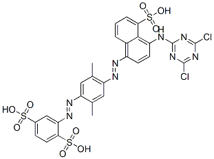 2-[[4-[[4-[(4,6-ジクロロ-1,3,5-トリアジン-2-イル)アミノ]-5-スルホ-1-ナフチル]アゾ]-2,5-ジメチルフェニル]アゾ]-1,4-ベンゼンジスルホン酸 化学構造式