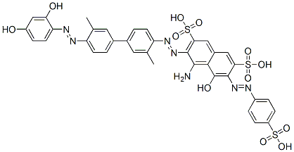 4-アミノ-3-[[4'-[(2,4-ジヒドロキシフェニル)アゾ]-3,3'-ジメチル[1,1'-ビフェニル]-4-イル]アゾ]-5-ヒドロキシ-6-[(4-スルホフェニル)アゾ]-2,7-ナフタレンジスルホン酸 化学構造式