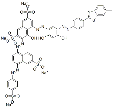 5-[[2,4-dihydroxy-5-[[4-(6-methylbenzothiazol-2-yl)phenyl]azo]phenyl]azo]-4-hydroxy-3-[[6-sulpho-4-[(4-sulphophenyl)azo]-1-naphthyl]azo]naphthalene-2,7-disulphonic acid, sodium salt Structure