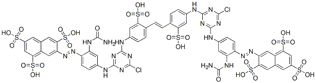 7,7'-[1,2-エテンジイルビス[(3-スルホ-4,1-フェニレン)イミノ(6-クロロ-1,3,5-トリアジン-4,2-ジイル)イミノ[2-[(アミノカルボニル)アミノ]-4,1-フェニレン]アゾ]]ビス(1,3,6-ナフタレントリスルホン酸) 化学構造式