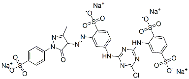 tetrasodium 2-[[4-chloro-6-[[3-[[4,5-dihydro-3-methyl-5-oxo-1-(4-sulphonatophenyl)-1H-pyrazol-4-yl]azo]-4-sulphonatophenyl]amino]-1,3,5-triazin-2-yl]amino]benzene-1,4-disulphonate Struktur