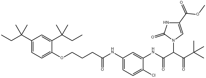 メチル 1-{1-[(5-{4-[2,4-ビス(2-メチルブタン-2-イル)フェノキシ]ブタンアミド}-2-クロロフェニル)カルバモイル]-3,3-ジメチル-2-オキソブチル}-2-オキソ-2,3-ジヒドロ-1H-イミダゾール-4-カルボキシラート 化学構造式