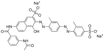 7-[[3-(アセチルアミノ)ベンゾイル]アミノ]-4-ヒドロキシ-3-[[2-メチル-4-[(2-メチル-4-スルホフェニル)アゾ]フェニル]アゾ]-2-ナフタレンスルホン酸/ナトリウム,(1:x) 化学構造式