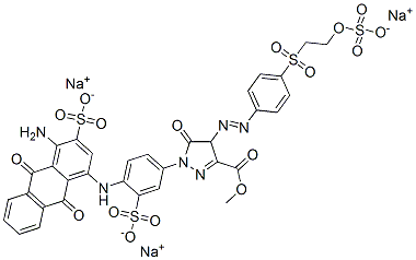 1H-Pyrazole-3-carboxylic acid, 1-[4-[(4-amino-9,10-dihydro-9,10-dioxo-3-sulfo-1-anthracenyl)amino]-3-sulfophenyl]-4,5-dihydro-5-oxo-4-[[4-[[2-(sulfooxy)ethyl]sulfonyl]phenyl]azo]-, 3-methyl ester, sodium salt Structure