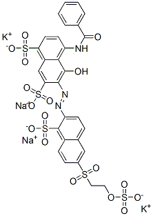 4-(ベンゾイルアミノ)-5-ヒドロキシ-6-[[1-スルホ-6-[[2-(スルホオキシ)エチル]スルホニル]-2-ナフタレニル]アゾ]-1,7-ナフタレンジスルホン酸/カリウム/ナトリウム,(1:x:x) 化学構造式