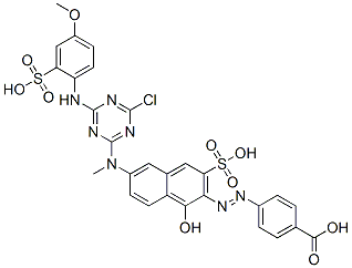 4-[6-[4-クロロ-6-(4-メトキシ-2-スルホフェニルアミノ)-1,3,5-トリアジン-2-イルメチルアミノ]-1-ヒドロキシ-3-スルホ-2-ナフタレニルアゾ]安息香酸 化学構造式