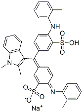sodium hydrogen -5-[(1,2-dimethyl-1H-indol-3-yl)[4-[(o-tolyl)imino]-3-sulphonato-2,5-cyclohexadien-1-ylidene]methyl]-2-[(o-tolyl)amino]benzenesulphonate Struktur