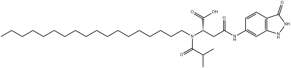 rac-(2R*)-3-[2-メチル-1-オキソプロピル(オクタデシル)アミノカルボニル]-2-[(2,3-ジヒドロ-3-オキソ-1H-インダゾール)-6-イルアミノ]プロピオン酸 化学構造式