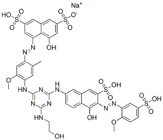 2,7-Naphthalenedisulfonic acid, 4-hydroxy-5-[[4-[[4-[(2-hydroxyethyl)amino]-6-[[5-hydroxy-6-[(2-methoxy-5-sulfophenyl)azo]-7-sulfo-2-naphthalenyl]amino]-1,3,5-triazin-2-yl]amino]-5-methoxy-2-methylphenyl]azo]-, monosodium salt  Struktur