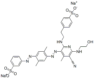 3-[[4-[[5-氰基-6-[(2-羟基乙基)氨基]-4-甲基-2-[[2-(4-磺基苯基)乙基]氨基]-3-吡啶基]偶氮]-2,5-二甲基苯基]偶氮]苯磺酸钠盐 结构式