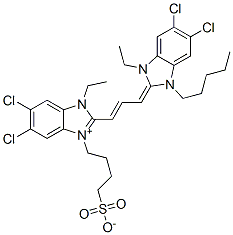 1H-Benzimidazolium,5,6-dichloro-2-[3-(5,6-dichloro-1-ethyl-1,3-dihydro-3-pentyl-2H-benzimidazol-2-ylidene)-1-propenyl]-1-ethyl-3-(4-sulfobutyl)-, inner salt Structure