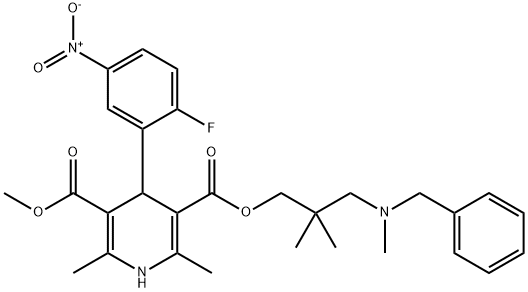 1,4-ジヒドロ-4-(2-フルオロ-5-ニトロフェニル)-2,6-ジメチルピリジン-3,5-ジカルボン酸3-[3-(N-ベンジルメチルアミノ)-2,2-ジメチルプロピル]5-メチル 化学構造式