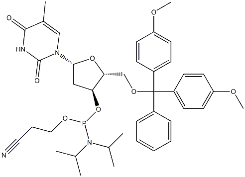 5'‐ジメトキシトリチルチミジン‐3'‐[(2-シアノエチル)‐(N,N-ジイソプロピル)]‐ホスホルアミダイト [BOTTLE FOR MERMADE] 化学構造式