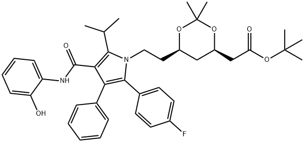 (6-{2-[2-(4-Fluoro-phenyl)-4-(2-hydroxy-phenylcarbamoyl)-5-isopropyl-3-phenyl-pyrrol-1-yl]-ethyl}-2,2-dimethyl-[1,3]-dioxane-4-yl)-acetic Acid, tert-Butyl Ester 结构式