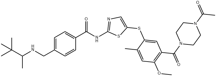 N-(5-((5-(4-Acetylpiperazine-1-carbonyl)-4-methoxy-2-methylphenyl)thio)thiazol-2-yl)-4-(((3,3-dimethylbutan-2-yl)amino)methyl)benzamide Structure
