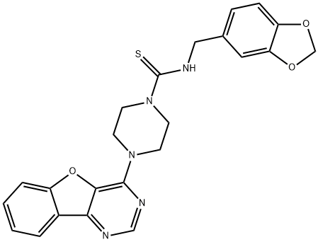 N-(1,3-苯并二氧戊环-5-基甲基)-4-苯并呋喃并[3,2-D]嘧啶-4-基-1-哌嗪硫代甲酰胺, 850879-09-3, 结构式