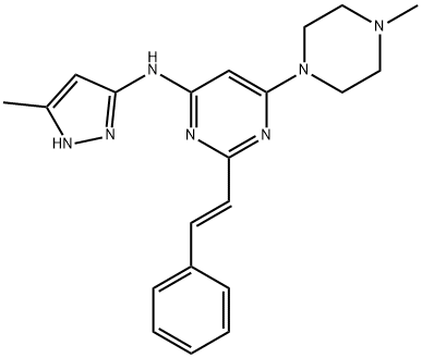 6-(4-Methyl-1-piperazinyl)-N-(5-methyl-1H-pyrazol-3-yl)-2-[(1E)-2-phenylethenyl]-4-pyrimidinamine|6-(4-甲基-1-哌嗪基)-N-(5-甲基-1H-吡唑-3-基)-2-[(1E)-2-苯乙烯基]-4-嘧啶胺