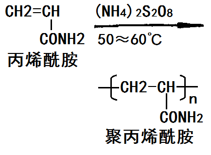 丙烯酰胺单体聚合生成聚丙烯酰胺的化学反应路线图