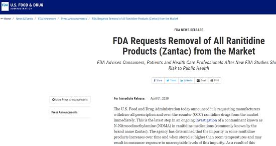 FDA要求所有药企立即下架雷尼替丁，因含致癌的亚硝酸胺杂质