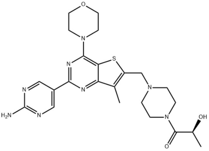 (S)-1-[4-[[2-(2-氨基嘧啶-5-基)-7-甲基-4-(吗啉-4-基)噻吩并[3,2-D]嘧啶-6-基]甲基]哌嗪-1-基]-2-羟基丙-1-酮的化学结构式