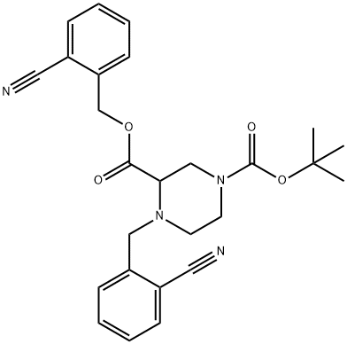 4-(2-Cyano-benzyl)-piperazine-1,3-dicarboxylic acid 1-tert-butylester 3-(2-cyano-benzyl) ester Struktur
