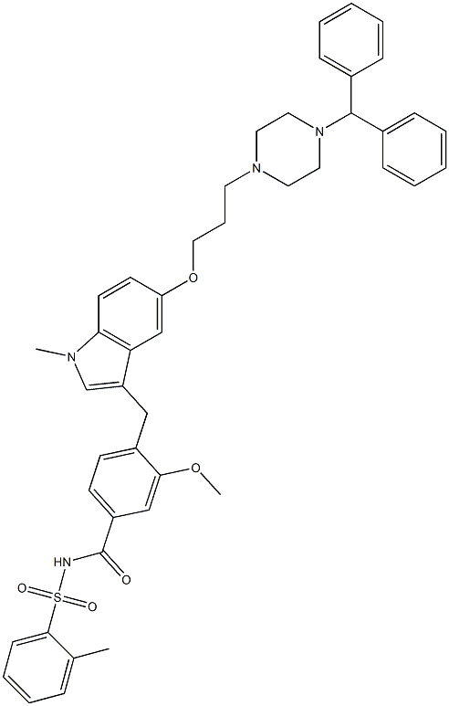 4-((5-(3-(4-benzhydrylpiperazin-1-yl)propoxy)-1-Methyl-1H-indol-3-yl)Methyl)-3-Methoxy-N-(o-tolylsulfonyl)benzaMide Struktur