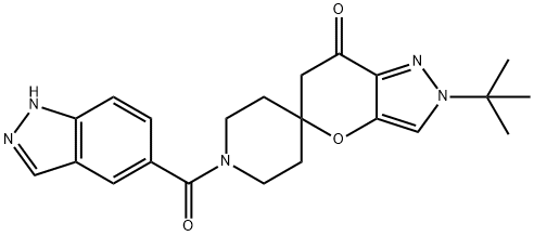 2'-tert-butyl-1-(1H-indazole-5-carbonyl)-2'H-spiro[piperidine-4,5'-pyrano[3,2-c]pyrazol]-7'(6'H)-one Struktur