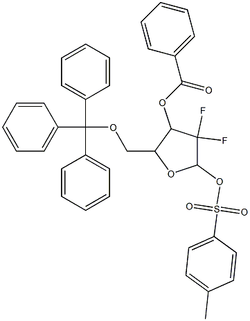Benzoic acid 4,4-difluoro-5-(toluene-4-sulfonyloxy)-2-trityloxyMethyl-tetrahydro-furan-3-yl ester Struktur