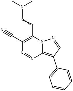 4-[(E)-2-(Dimethylamino)vinyl]-8-phenylpyrazolo-[5,1-c][1,2,4]triazine-3-carbonitrile Struktur