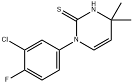 1-(3-クロロ-4-フルオロフェニル)-4,4-ジメチル-1,4-ジヒドロピリミジン-2-チオール 化学構造式