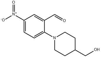 2-[4-(hydroxymethyl)piperidino]-5-nitrobenzenecarbaldehyde 化学構造式