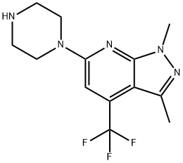 1,3-ジメチル-6-ピペラジノ-4-(トリフルオロメチル)-1H-ピラゾロ[3,4-B]ピリジン 化学構造式