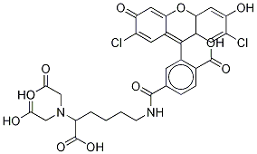 N-[5-(Bis-carboxymethyl-amino)-5-carboxy-pentyl)]-2-(2,7-dichloro-6-hydroxy-3-oxo-3H-xanthen-9-yl)-terephthalamic Acid Structure
