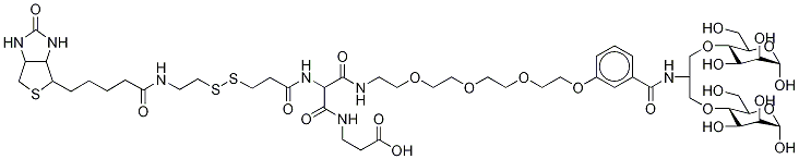 2-[(2-Biotinylamidoethyl)dithiopropionylamino]-N-11-[4-benzoyl-1,3-bis-(D-manos-4-yloxy)-2-propylamino-3,6,9,12-tetraoxododecanyl]-N(2-hydroxylcarbonylethylamino)malonic Acid Diamide Structure