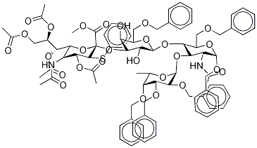 O-(5-AcetaMido-4,7,8,9-tetra-O-acetyl-3-thiophenyl-α-neuraMinosyl Methyl Ester)-2-α-3-O-(6-O-benzyl-β-D-galactopyranosyl)-1-β-4-O-[6-deoxy-2,3,4-tri-O-benzyl-α-L-galactopyranosyl-(1-α-3)]-2-(acetylaMino)-2-deoxy-1,6-di-O-benzyl-α-D-glucose Structure