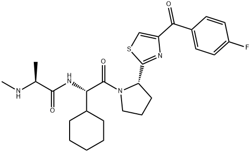 (S)-N-[(S)-1-シクロヘキシル-2-[(2S)-2-[4-(4-フルオロベンゾイル)-2-チアゾリル]-1-ピロリジニル]-2-オキソエチル]-2-(メチルアミノ)プロパンアミド 化学構造式