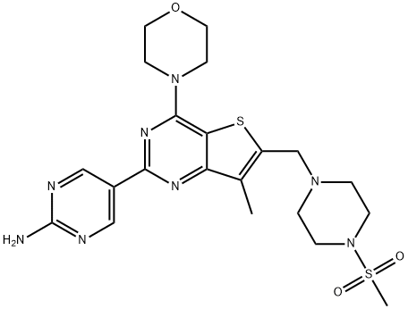 5-(7-メチル-6-((4-(メチルスルホニル)ピペラジン-1-イル)メチル)-4-モルホリノチエノ[3,2-D]ピリミジン-2-イル)ピリミジン-2-アミン 化学構造式