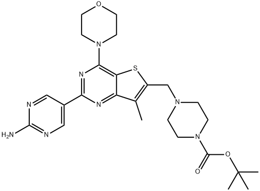 1-Piperazinecarboxylic acid, 4-[[2-(2-aMino-5-pyriMidinyl)-7-Methyl-4-(4-Morpholinyl)thieno[3,2-d]pyriMidin-6-yl]Methyl]-, 1,1-diMethylethyl ester Structure