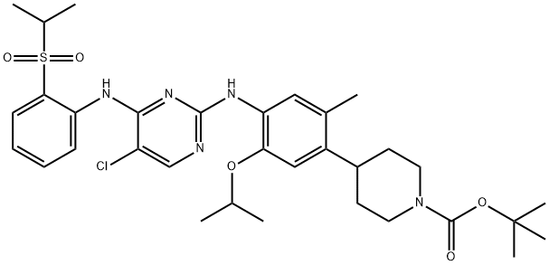 4-[4-[[5-氯-4-[[2-[(丙烷-2-基)磺酰基]苯基]氨基]嘧啶-2-基]氨基]-5-异丙氧基-2-甲基苯基]哌啶-1-羧酸叔丁酯, 1032903-64-2, 结构式