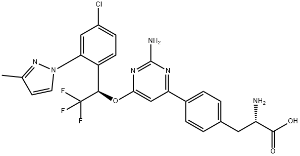 (2S)-2-aMino-3-[4-[2-aMino-6-[(1R)-1-[4-chloro-2-(3-Methylpyrazol-1-yl)phenyl]-2,2,2-trifluoroethoxy]pyriMidin-4-yl]phenyl]propanoic acid,    Telotristat Struktur