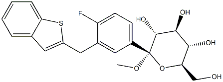 (2S,3R,4S,5S,6R)-2-(3-(ベンゾ[B]チオフェン-2-イルメチル)-4-フルオロフェニル)-6-(ヒドロキシメチル)-2-メトキシテトラヒドロ-2H-ピラン-3,4,5-トリオール 化学構造式