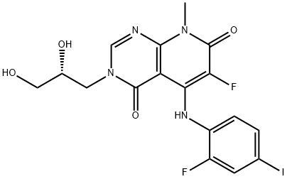3-[(R)-2,3-ジヒドロキシプロピル]-6-フルオロ-5-[(2-フルオロ-4-ヨードフェニル)アミノ]-8-メチルピリド[2,3-d]ピリミジン-4,7(3H,8H)-ジオン 化学構造式