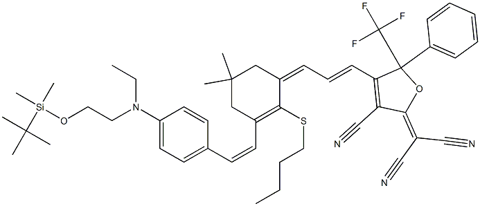 2-[4-[(1E,3E)-3-[2-丁硫基-3-[(1E)-2-[4-[[2-[[(叔丁基)二甲基硅烷基]氧基]乙基]乙基氨基]苯基]乙烯基]-5,5-二甲基-2-环己烯-1-亚基]-1-丙烯-1-基]-3-氰基-5-苯基-5-三氟甲基-2(5H)-呋喃亚基]-丙二腈, 1048688-63-6, 结构式