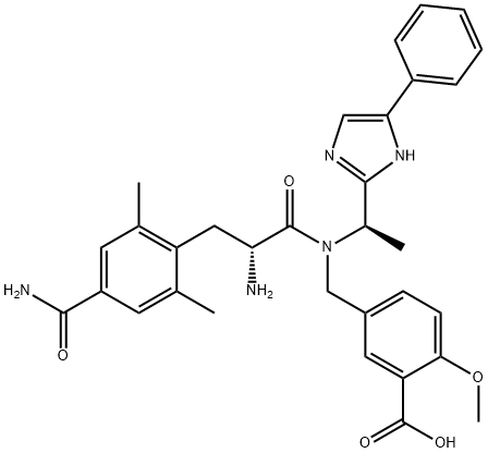 5-(((R)-2-aMino-3-(4-carbaMoyl-2,6-diMethylphenyl)-N-((R)-1-(4-phenyl-1H-iMidazol-2-yl)ethyl)propanaMido)Methyl)-2-Methoxybenzoic acid,1052250-94-8,结构式