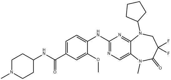 4-({9-シクロペンチル-7,7-ジフルオロ-5-メチル-6-オキソ-5H,6H,7H,8H,9H-ピリミド[4,5-b][1,4]ジアゼピン-2-イル}アミノ)-3-メトキシ-N-(1-メチルピペリジン-4-イル)ベンズアミド 化学構造式