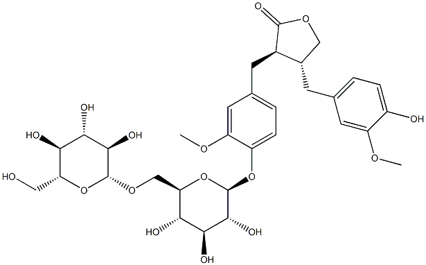 (3R-trans)-3-[[4-[(6-O-beta-D-Glucopyranosyl-beta-D-glucopyranosyl)oxy]-3-methoxyphenyl]methyl]dihydro-4-[(4-hydroxy-3-methoxyphenyl)methyl]-2(3H)-furanone Struktur