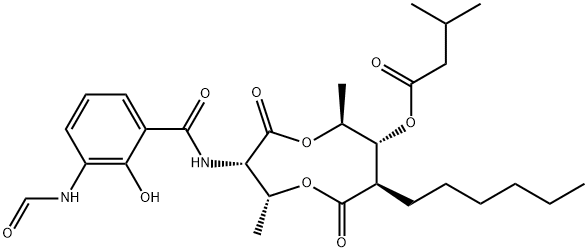 3-メチルブタン酸(3S,4R,7R,8R,9S)-3-[(3-ホルミルアミノ-2-ヒドロキシベンゾイル)アミノ]-4,9-ジメチル-2,6-ジオキソ-7-ヘキシル-1,5-ジオキソナン-8-イル 化学構造式
