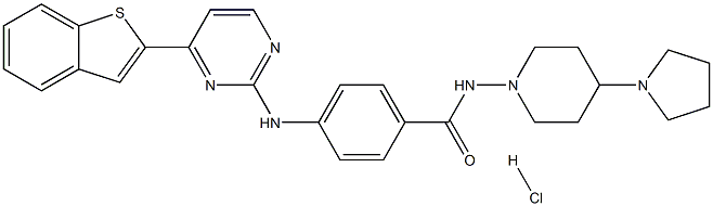 4-(1-ベンゾチオフェン-2-イル)-N-{4-[4-(ピロリジン-1-イル)ピペリジン-1-カルボニル]フェニル}ピリミジン-2-アミン 化学構造式