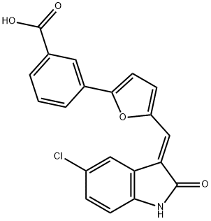 (E)-3-(5-((5-氯-2-氧代吲哚-3-亚基)甲基)呋喃-2-基)苯甲酸,1202918-24-8,结构式